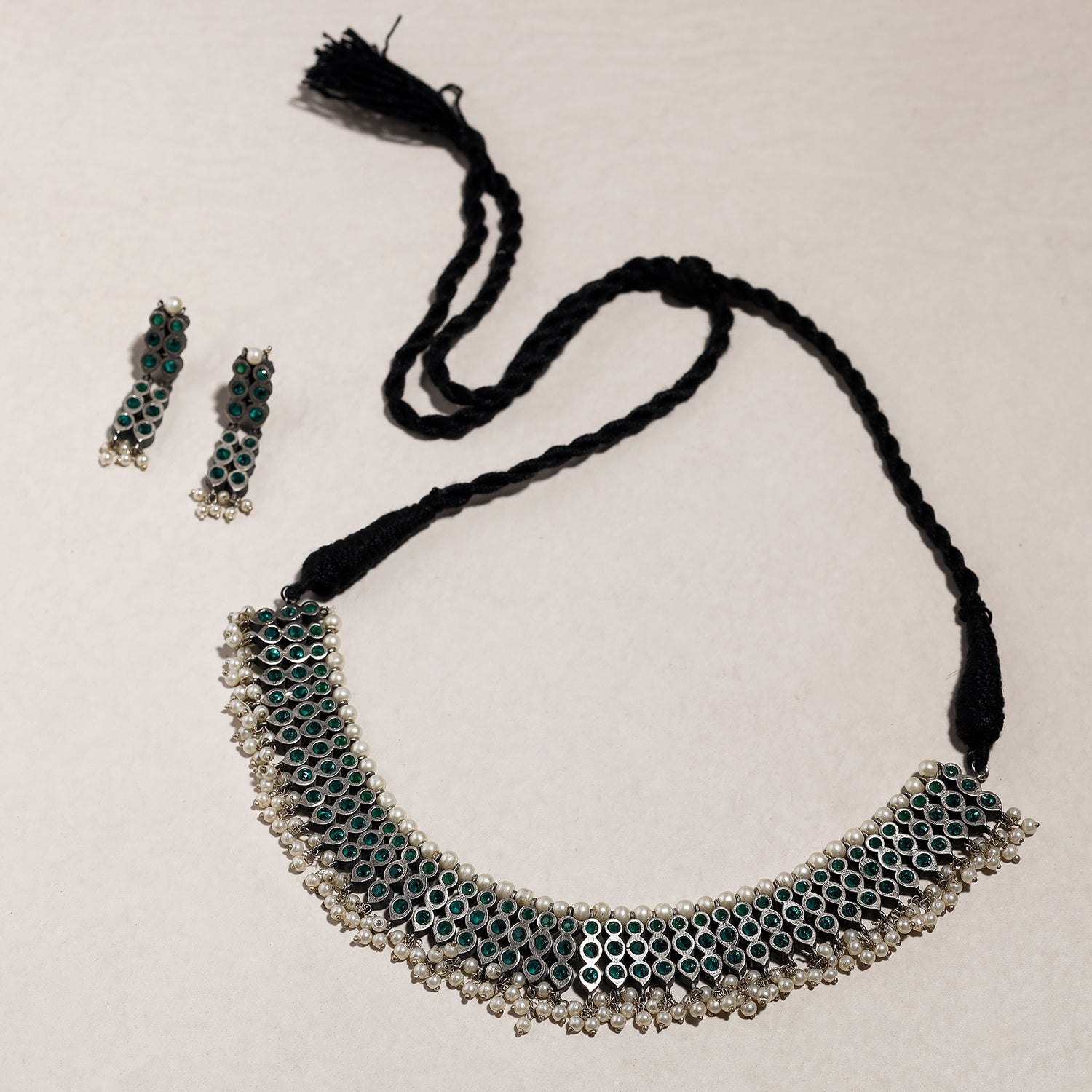 Antique Silver Finish Oxidized Brass Base Stone Work Necklace Set