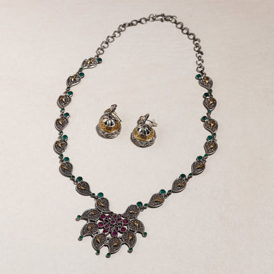 Antique Dual Tone Oxidised Brass Base Stone Necklace Set