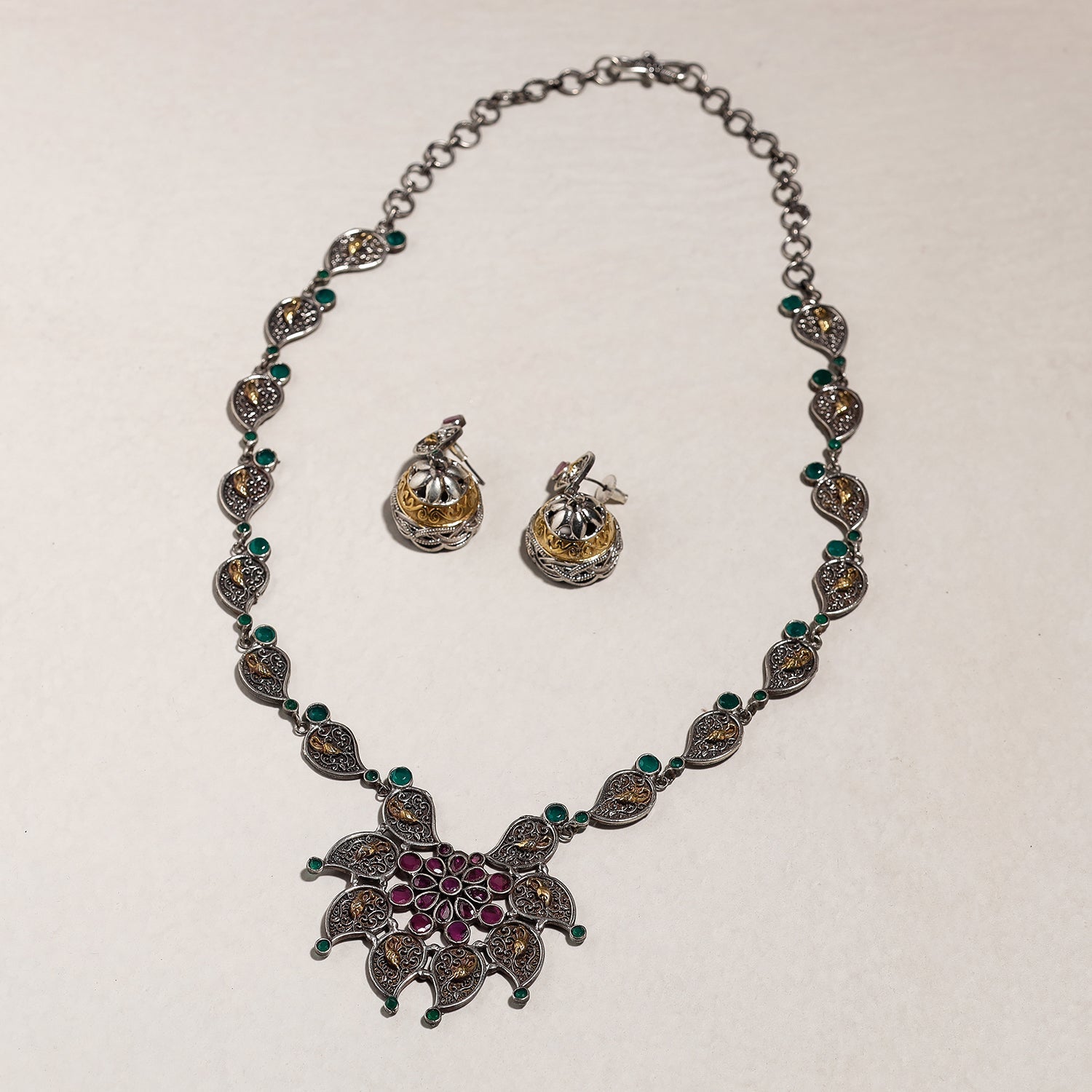Antique Dual Tone Oxidised Brass Base Stone Necklace Set