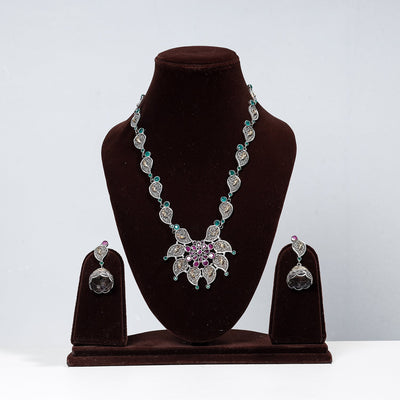 Antique Dual Tone Oxidised Brass Base Stone Necklace Set