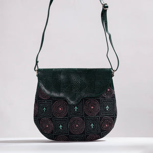 Black - Handcrafted Kantha Embroidery Cotton & Embossed Leather Sling Bag