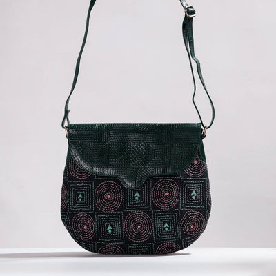 Black - Handcrafted Kantha Embroidery Cotton & Embossed Leather Sling Bag