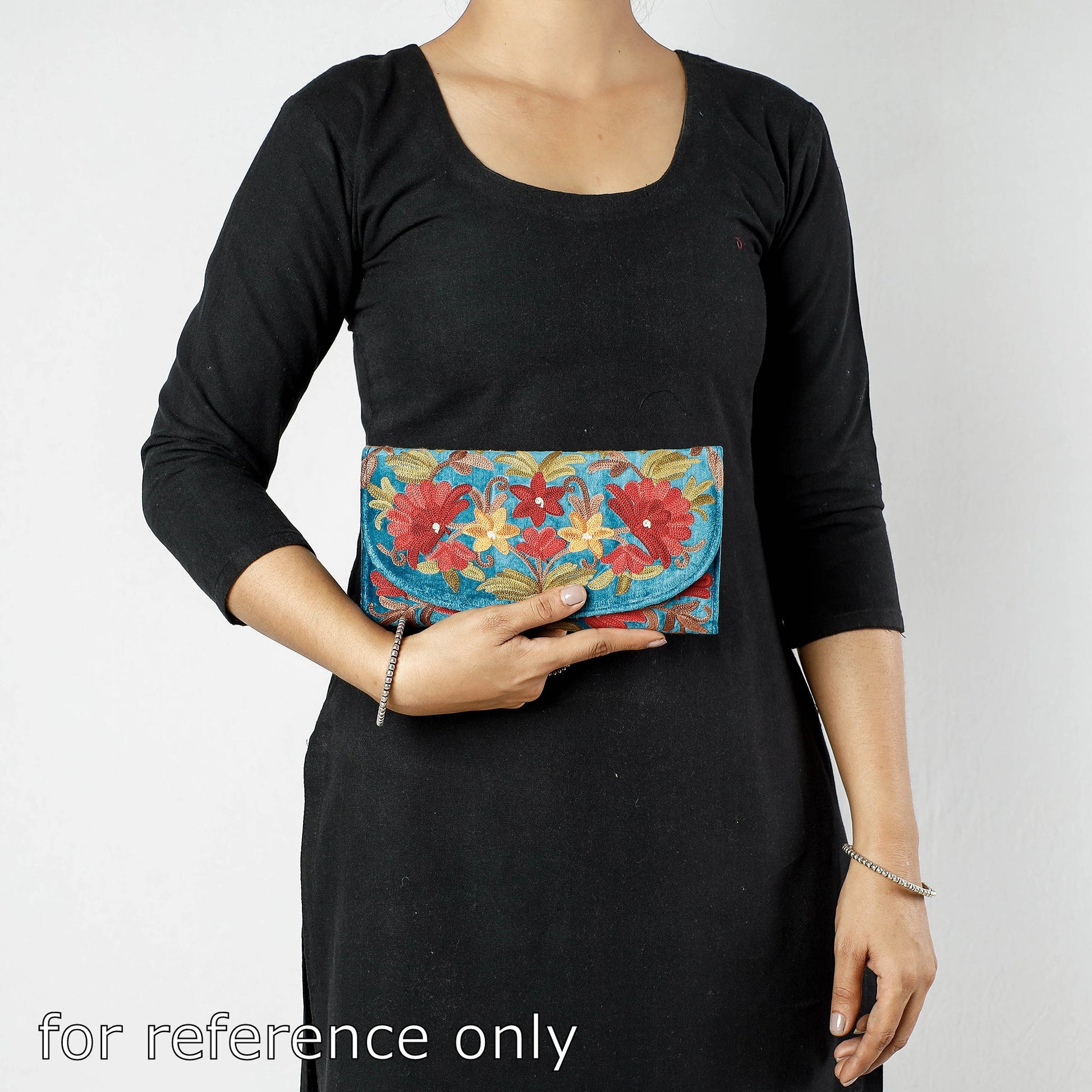 Blue - Crewel Hand Embroidery Leather & Velvet Wallet