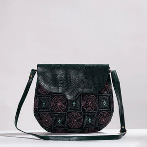 Black - Handcrafted Kantha Embroidery Cotton & Embossed Leather Sling Bag