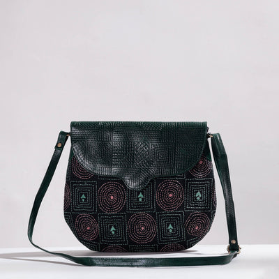 Black - Handcrafted Kantha Embroidery Cotton & Embossed Leather Sling Bag