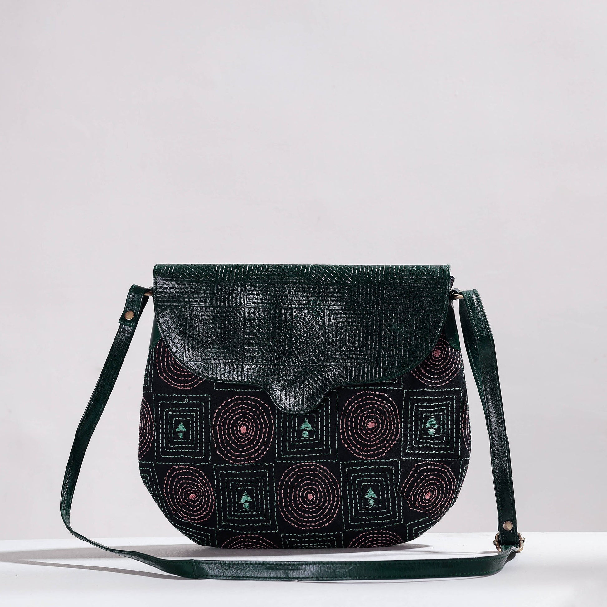 Black - Handcrafted Kantha Embroidery Cotton & Embossed Leather Sling Bag