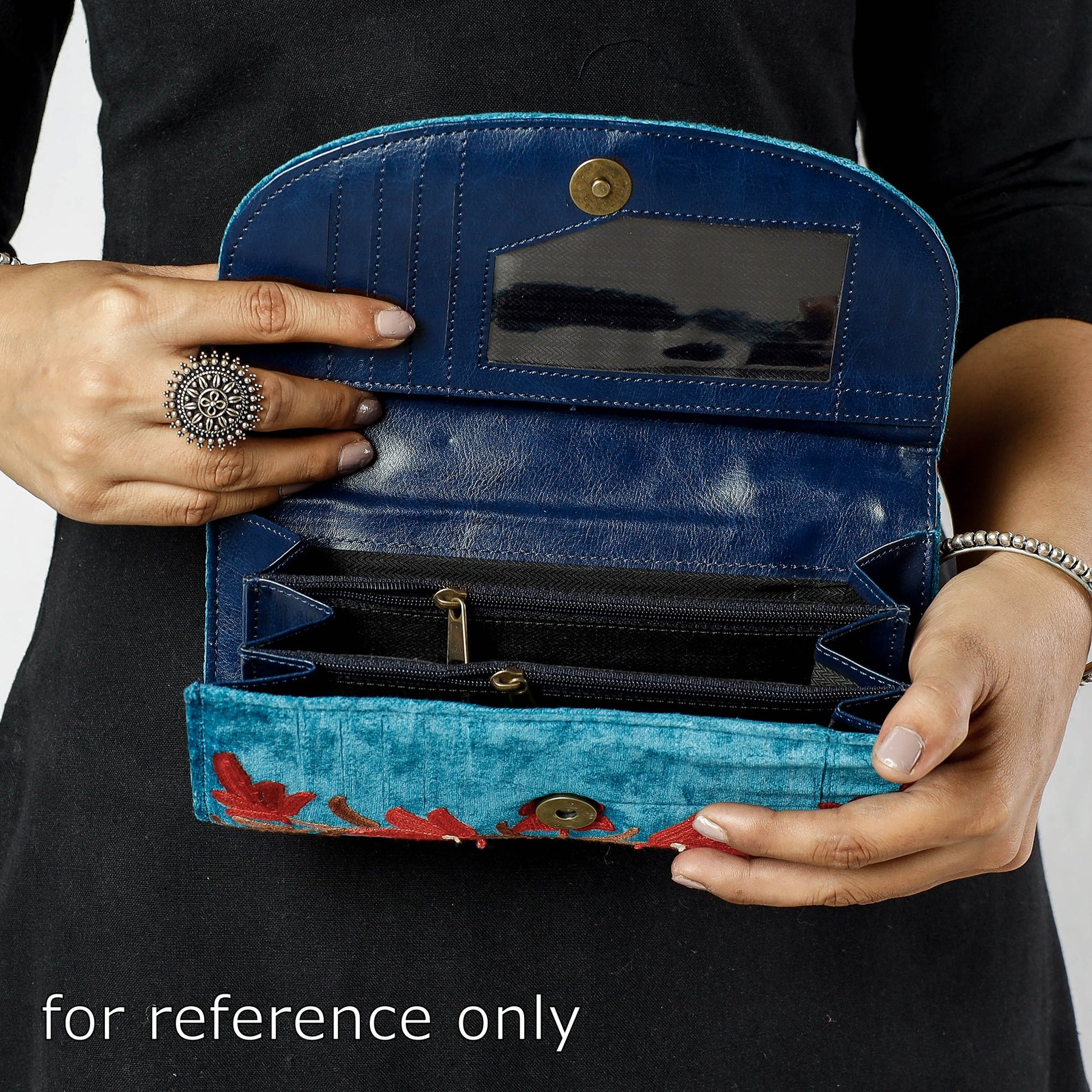 Blue - Crewel Hand Embroidery Leather & Velvet Wallet