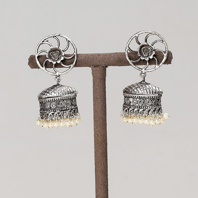 Antique Silver Finish Oxidised Brass Base Jhumki Earrings