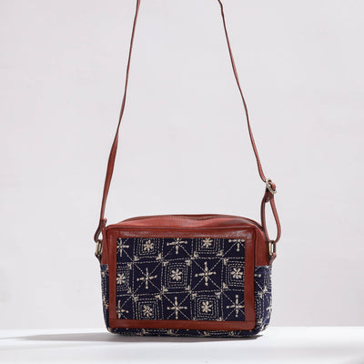 Brown - Handcrafted Kantha Embroidery Cotton & Leather Sling Bag