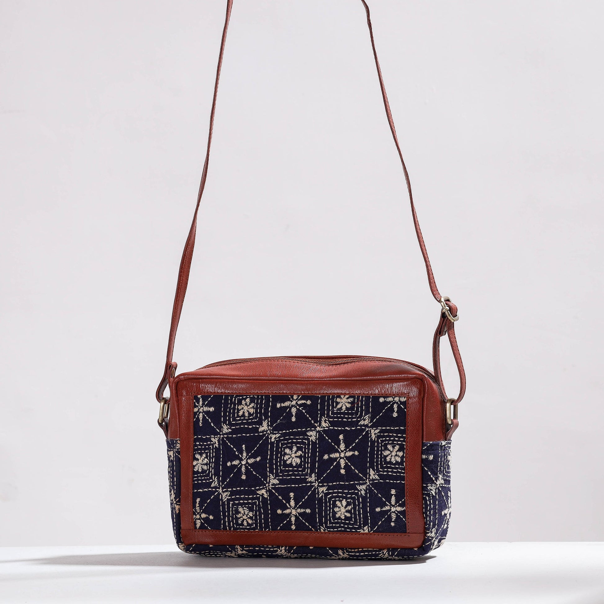 Brown - Handcrafted Kantha Embroidery Cotton & Leather Sling Bag