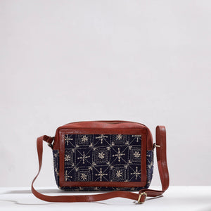 Brown - Handcrafted Kantha Embroidery Cotton & Leather Sling Bag