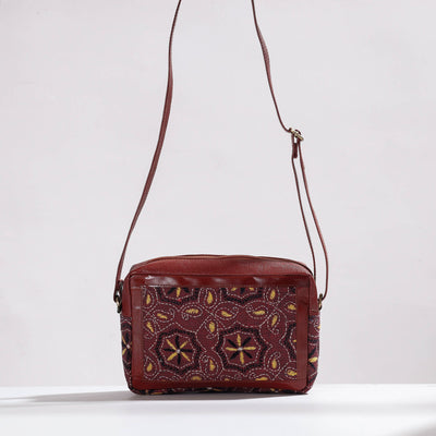 Brown - Handcrafted Kantha Embroidery Cotton & Leather Sling Bag