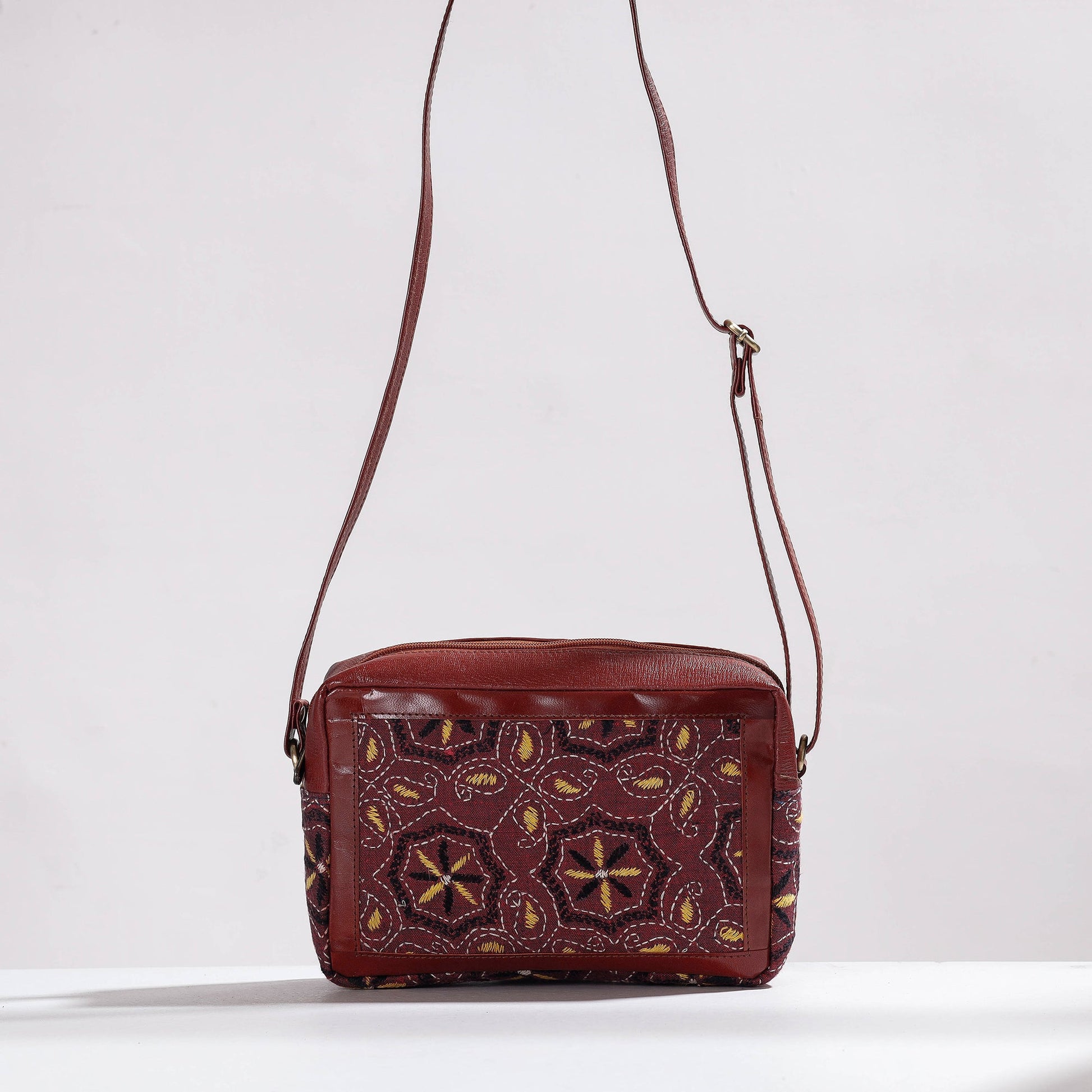 Brown - Handcrafted Kantha Embroidery Cotton & Leather Sling Bag