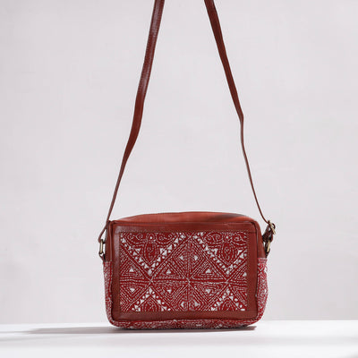 Brown - Handcrafted Kantha Embroidery Cotton & Leather Sling Bag