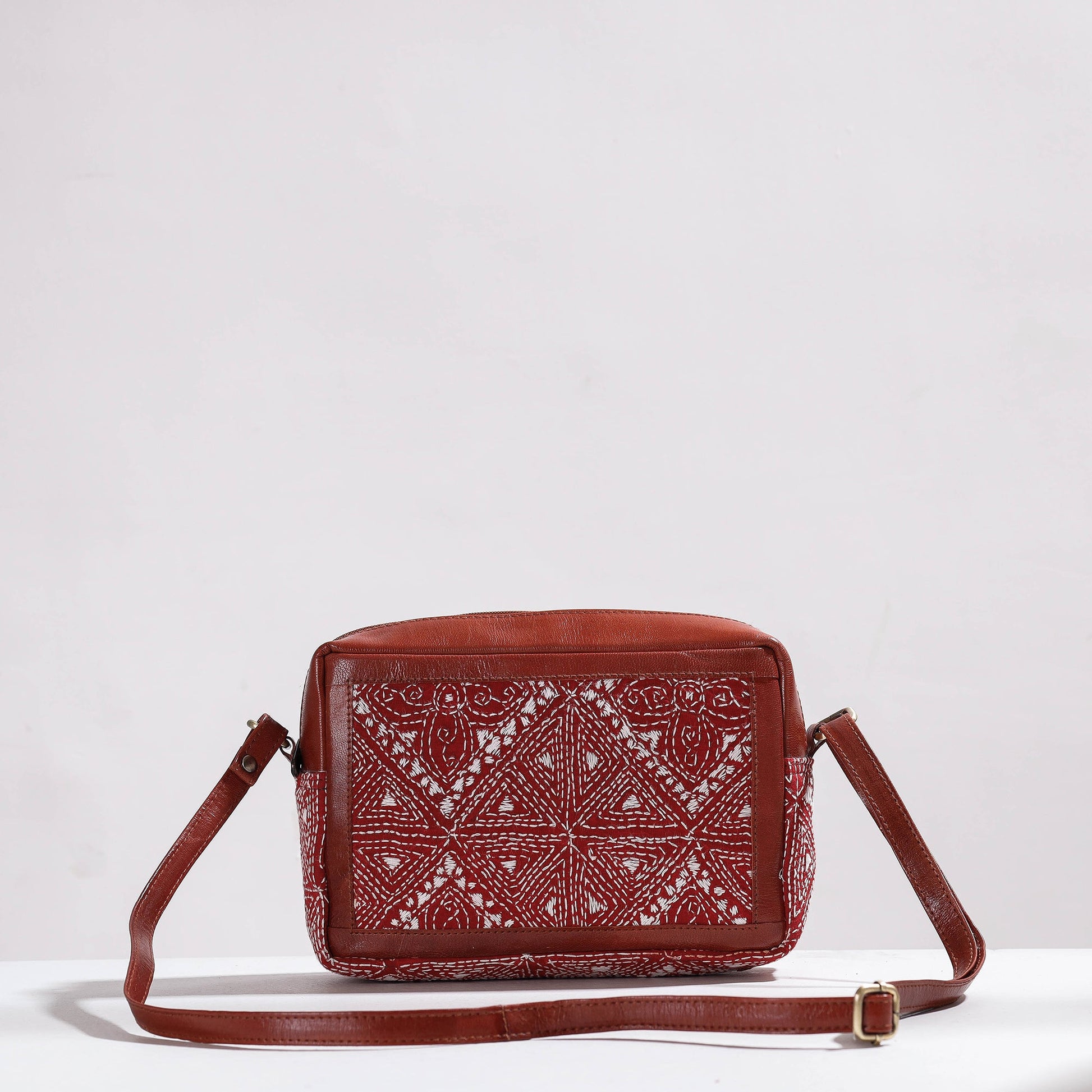 Brown - Handcrafted Kantha Embroidery Cotton & Leather Sling Bag