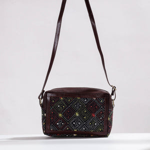 Brown - Handcrafted Kantha Embroidery Cotton & Leather Sling Bag