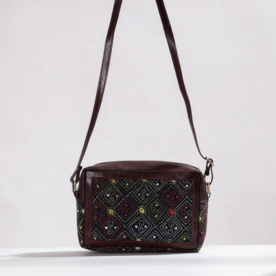 Brown - Handcrafted Kantha Embroidery Cotton & Leather Sling Bag