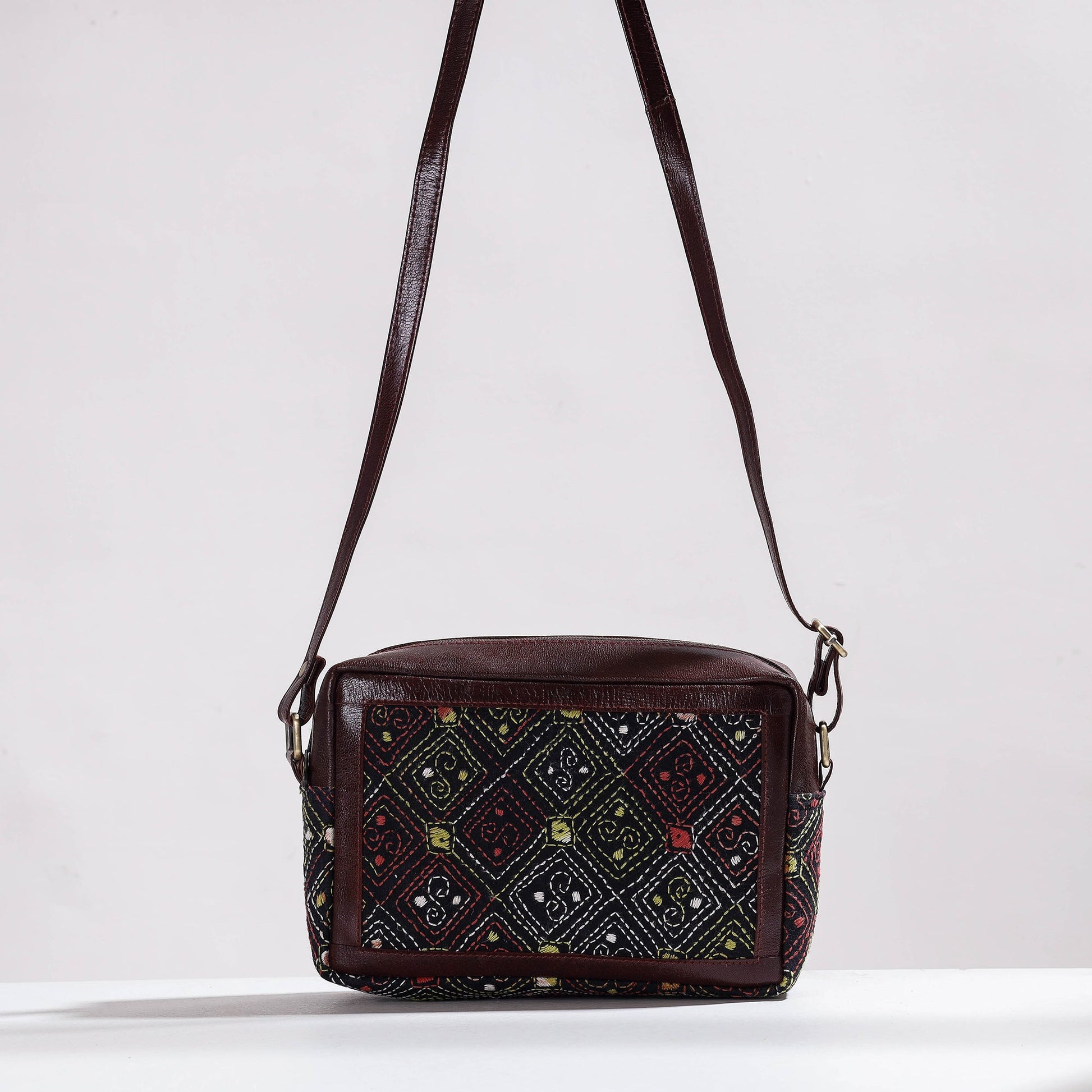 Brown - Handcrafted Kantha Embroidery Cotton & Leather Sling Bag