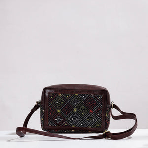 Brown - Handcrafted Kantha Embroidery Cotton & Leather Sling Bag