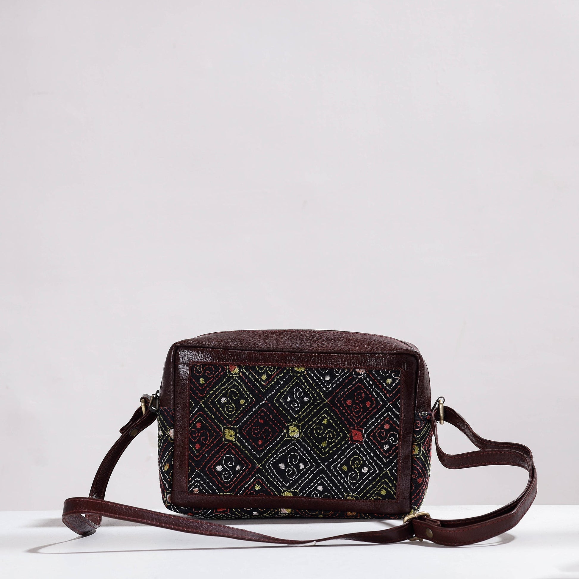 Brown - Handcrafted Kantha Embroidery Cotton & Leather Sling Bag