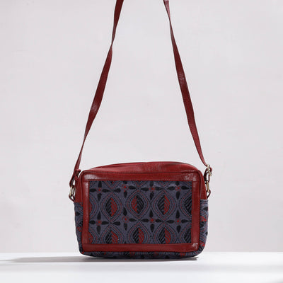 Brown - Handcrafted Kantha Embroidery Cotton & Leather Sling Bag
