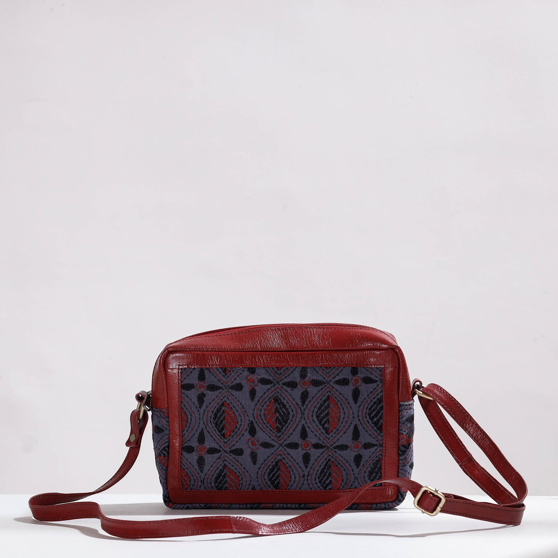 Brown - Handcrafted Kantha Embroidery Cotton & Leather Sling Bag