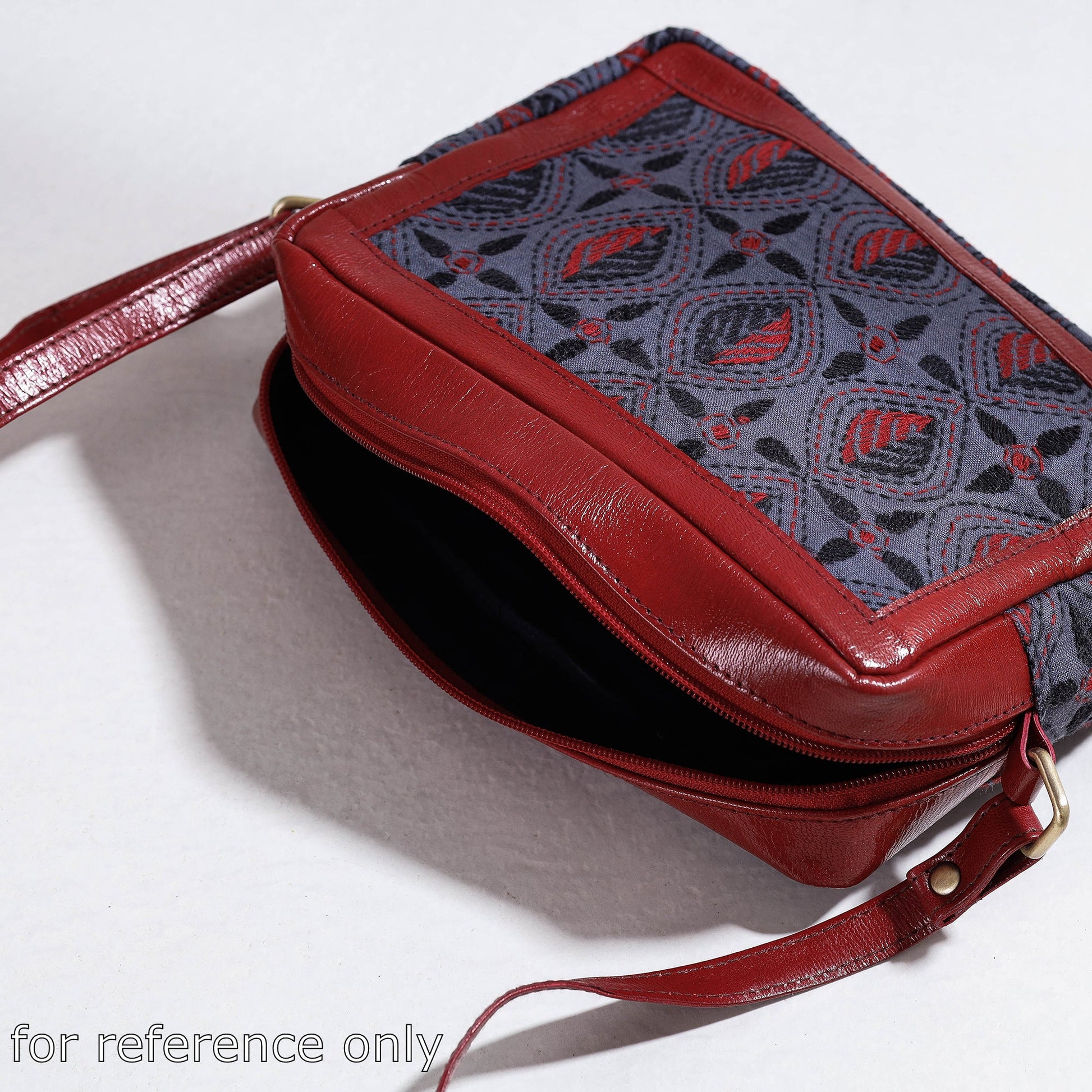 Brown - Handcrafted Kantha Embroidery Cotton & Leather Sling Bag