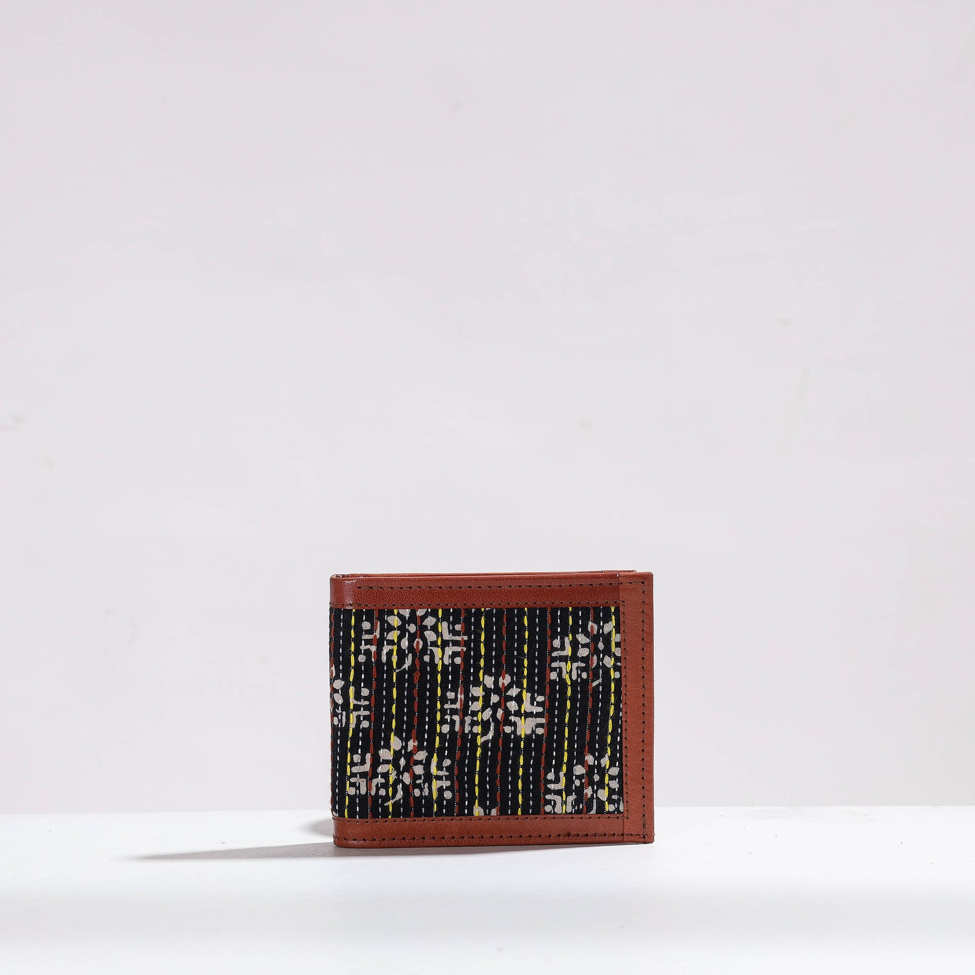 Black - Handcrafted Kantha Embroidery Silk & Leather Unisex Wallet