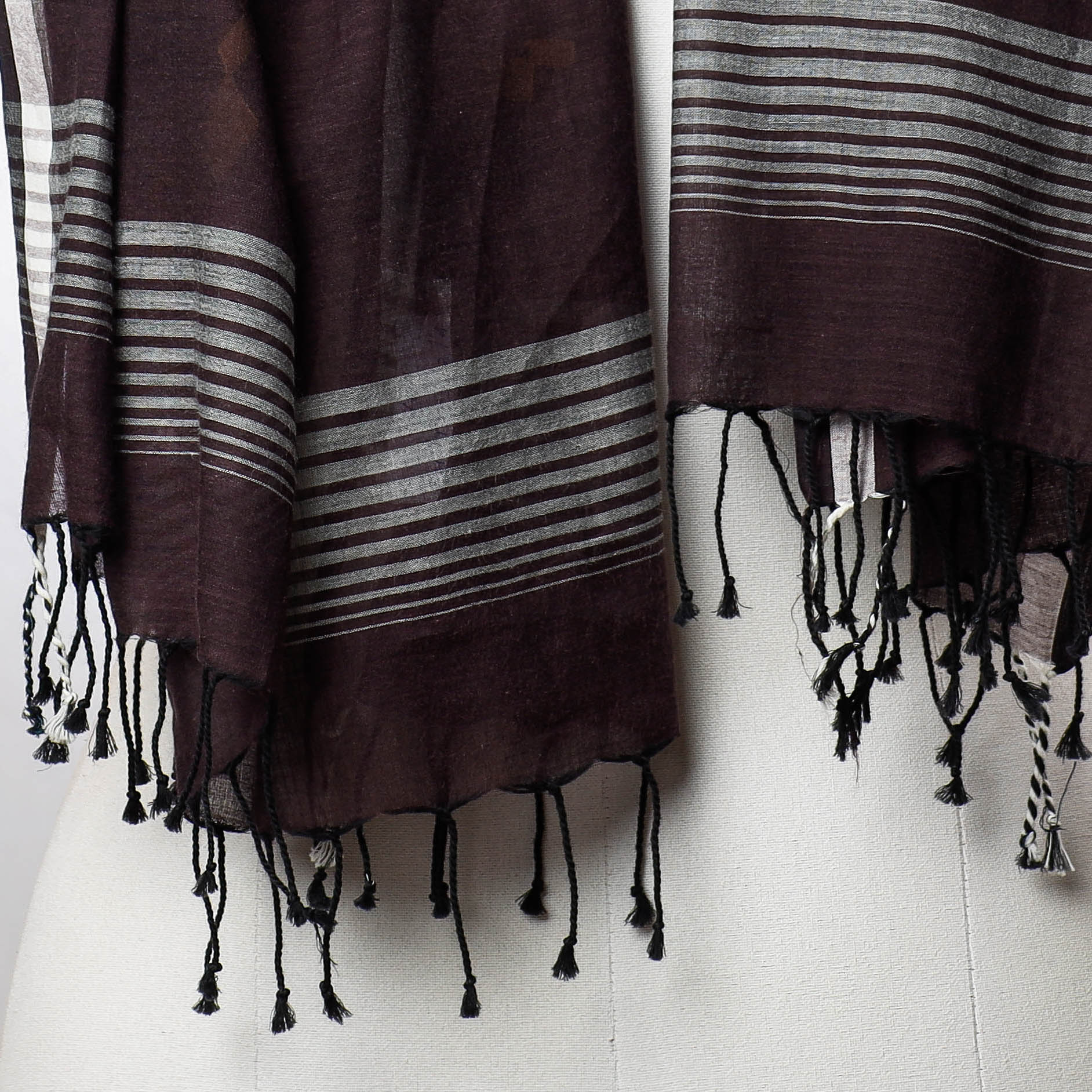 Brown - Phulia Bengal Handloom Cotton Stole with Tassels