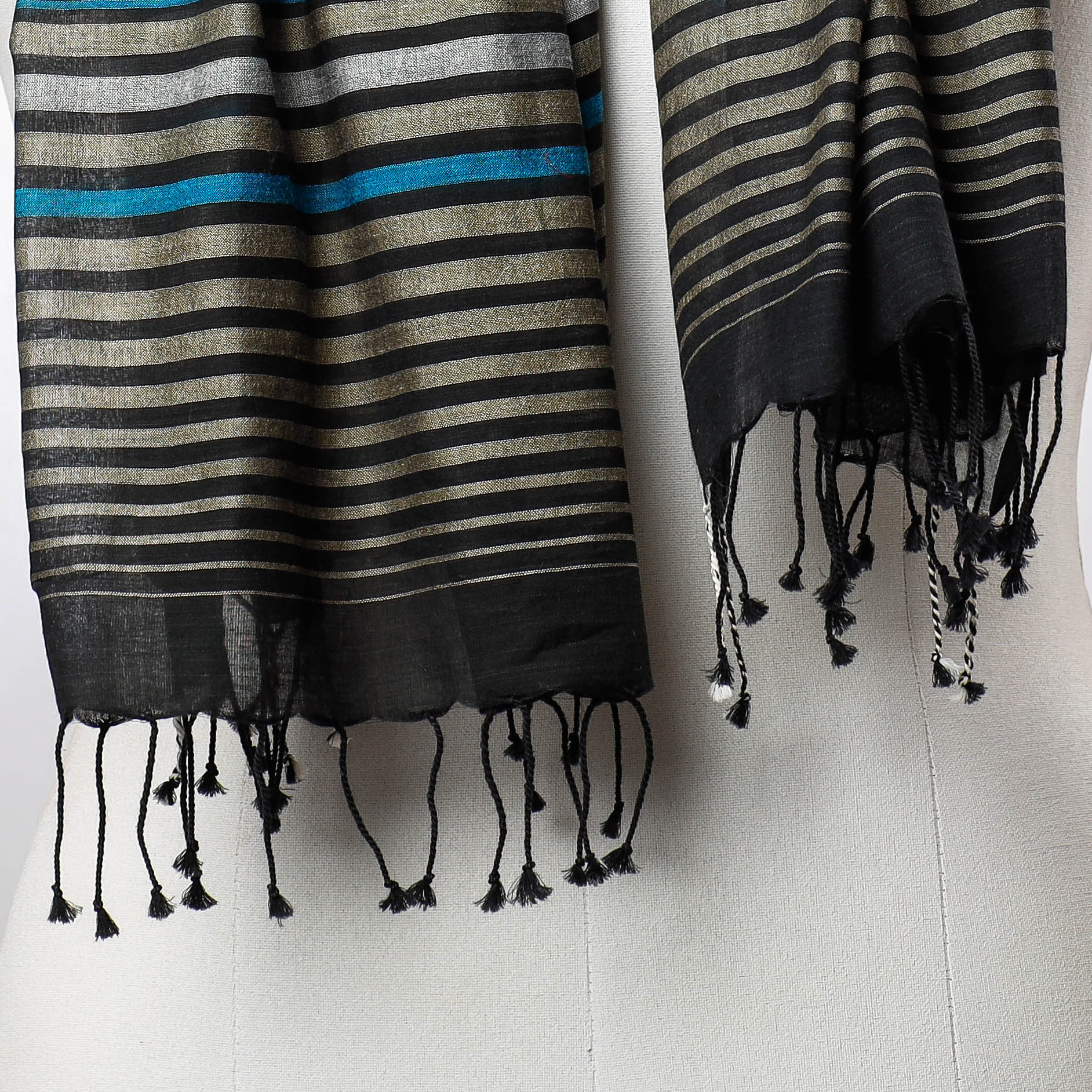 Black - Phulia Bengal Handloom Cotton Stole with Tassels