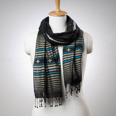 Black - Phulia Bengal Handloom Cotton Stole with Tassels