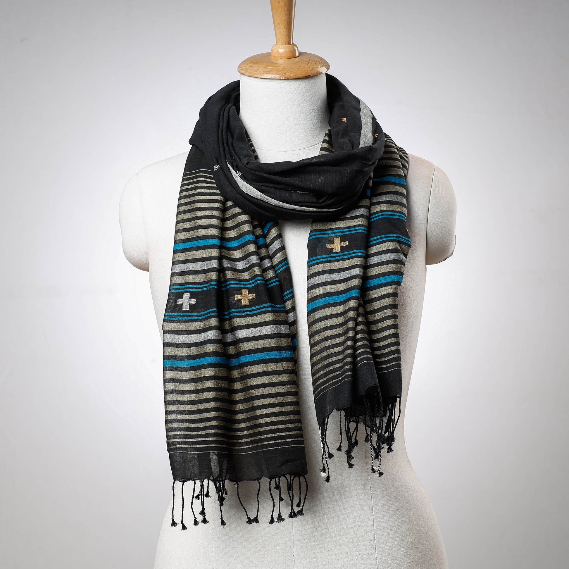 Black - Phulia Bengal Handloom Cotton Stole with Tassels