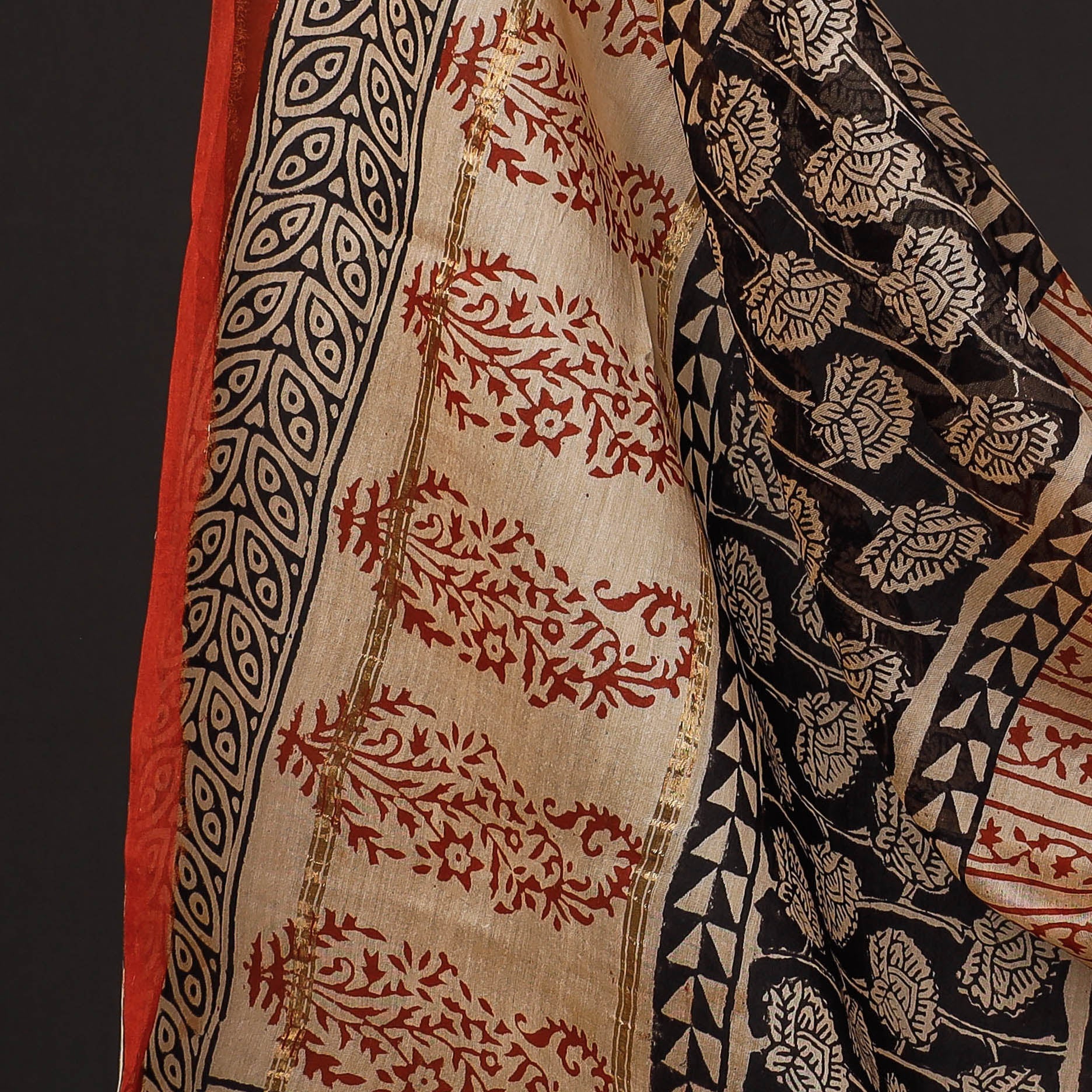 Black - 3pc Bagru Block Printed Chanderi Silk Suit Material Set