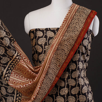 Black - 3pc Bagru Block Printed Chanderi Silk Suit Material Set