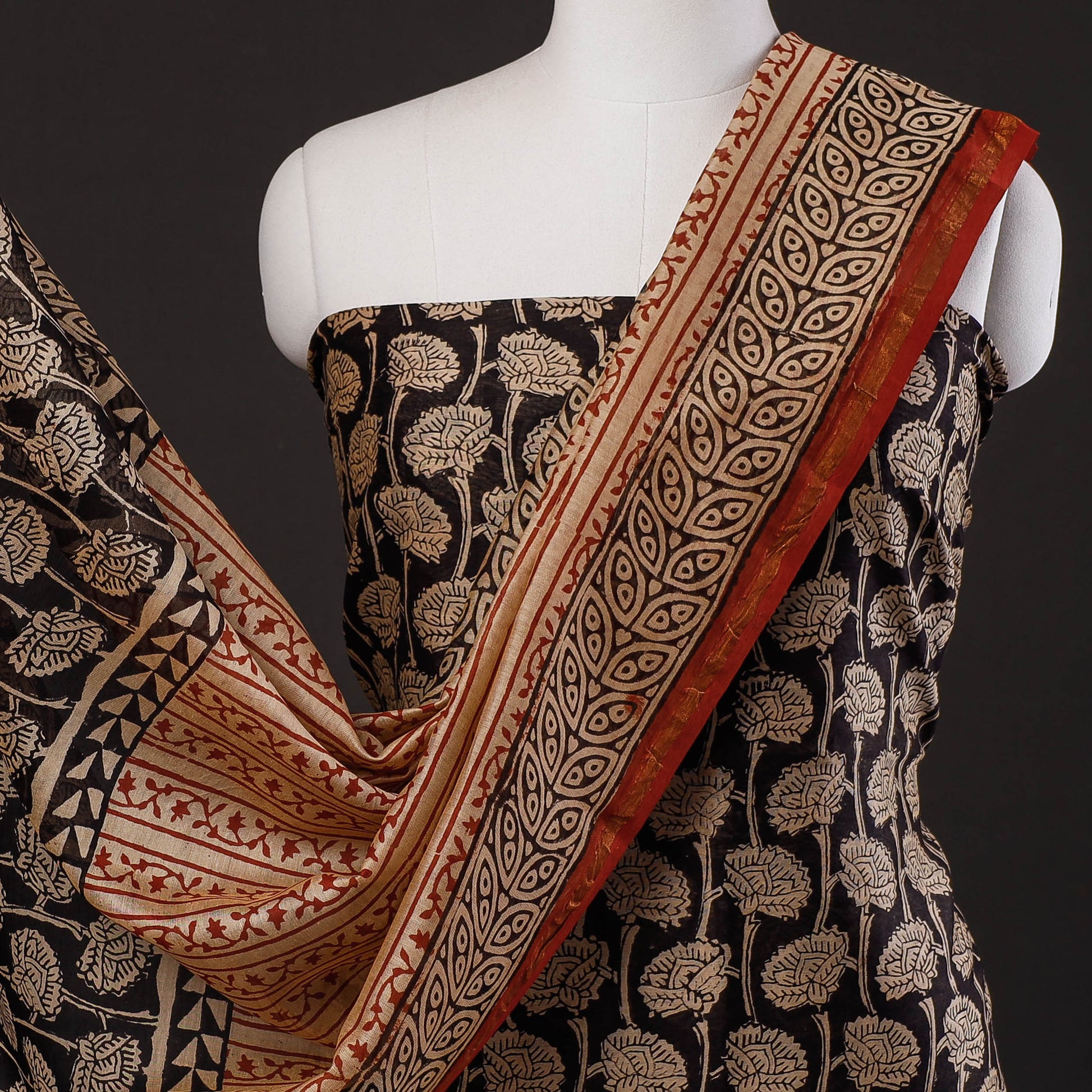 Black - 3pc Bagru Block Printed Chanderi Silk Suit Material Set