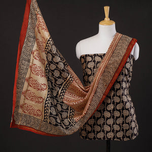 Black - 3pc Bagru Block Printed Chanderi Silk Suit Material Set