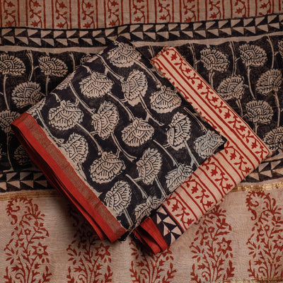 Black - 3pc Bagru Block Printed Chanderi Silk Suit Material Set