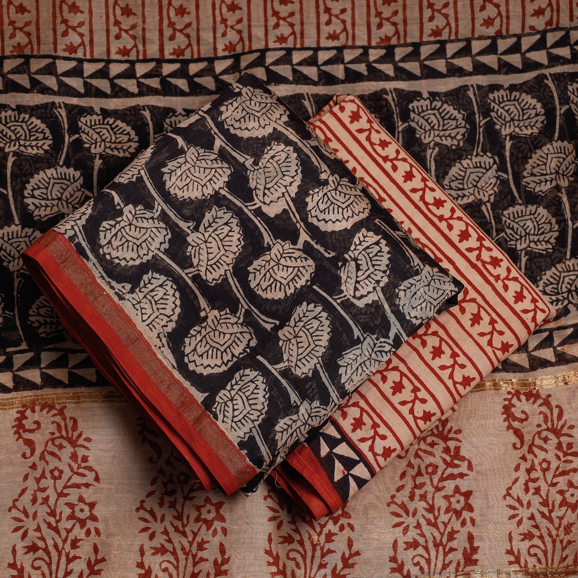 Black - 3pc Bagru Block Printed Chanderi Silk Suit Material Set