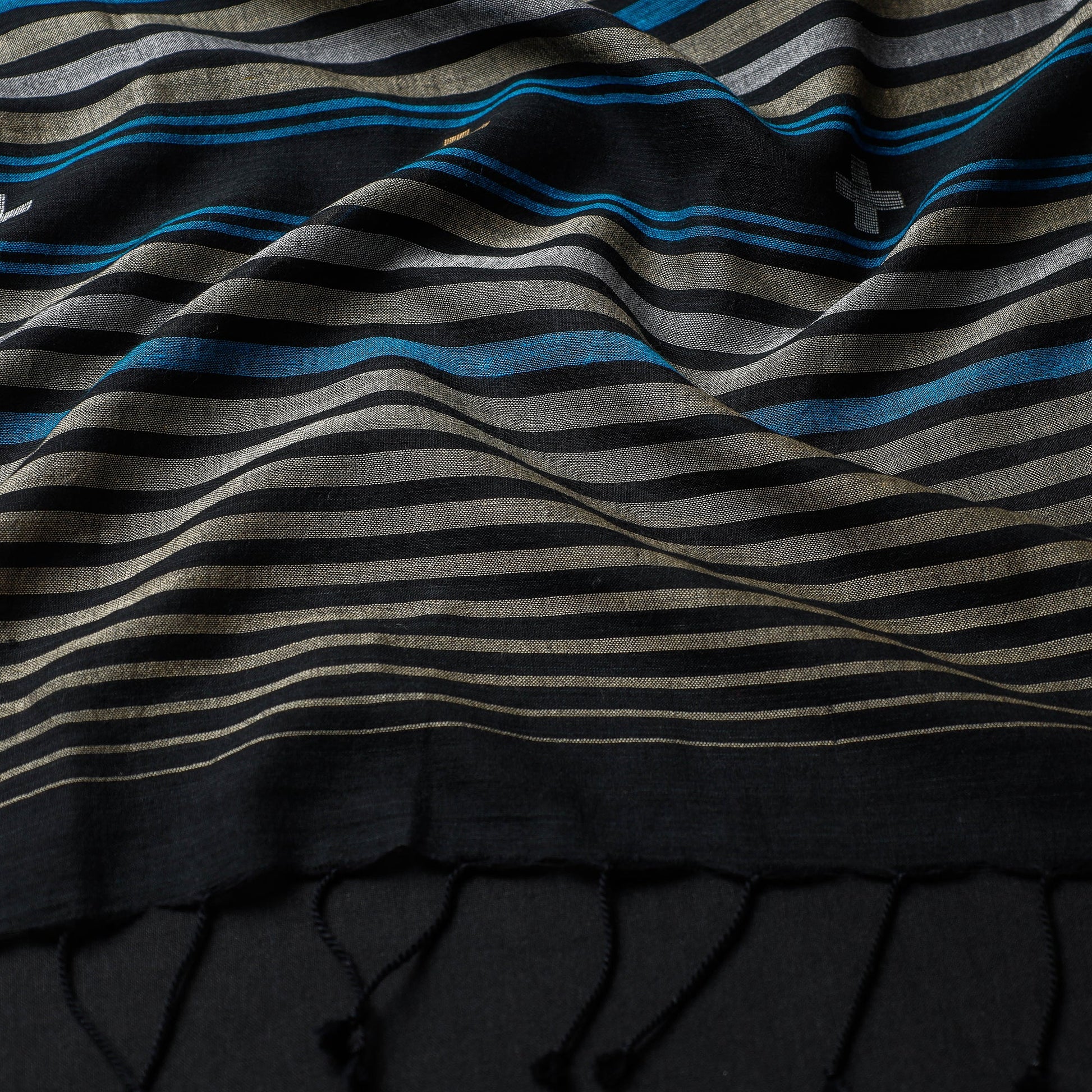 Black - Phulia Bengal Handloom Cotton Stole with Tassels