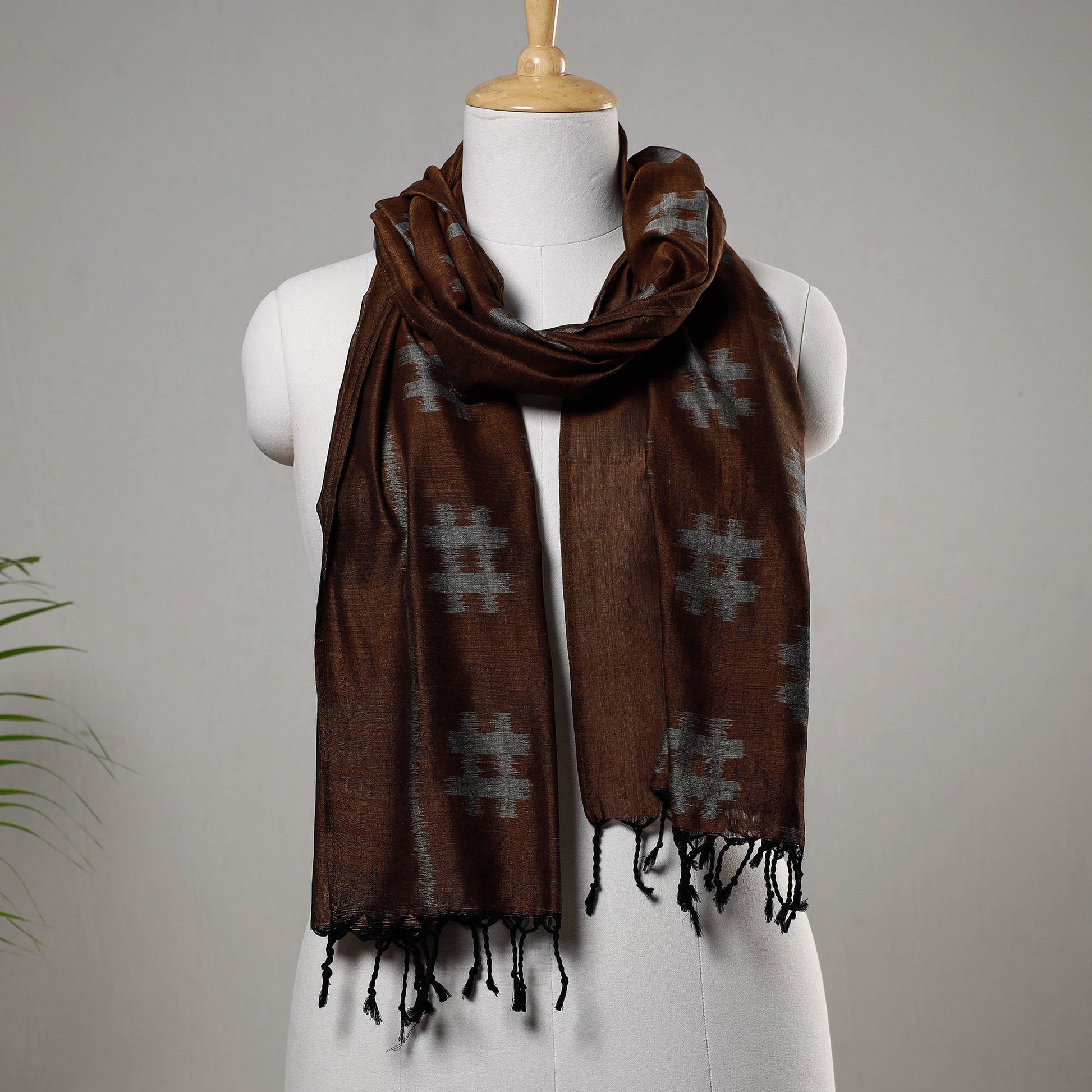 Brown - Maniabandha Ikat Handloom Cotton Stole with Tassels