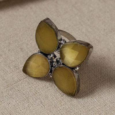 Antique Silver Finish Oxidised Brass Base Stone Work Ring (Adjustable)