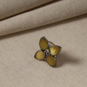 Antique Silver Finish Oxidised Brass Base Stone Work Ring (Adjustable)