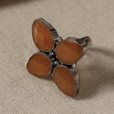 Antique Silver Finish Oxidised Brass Base Stone Work Ring (Adjustable)