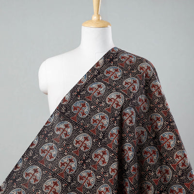 Black Tree Boota Ajrakh Hand Block Printed Cotton Fabric