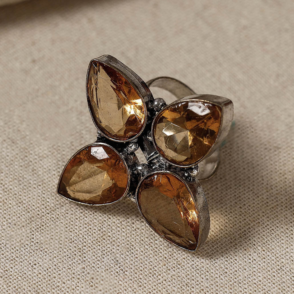 Antique Silver Finish Oxidised Brass Base Stone Work Ring (Adjustable)