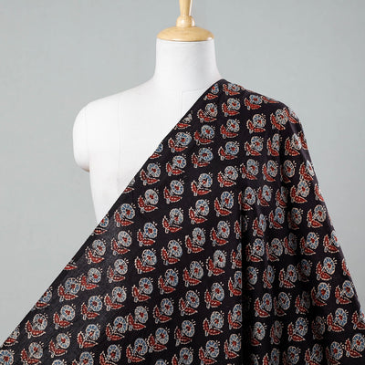 Black - Floral Butta Black Ajrakh Hand Block Printed Cotton Fabric