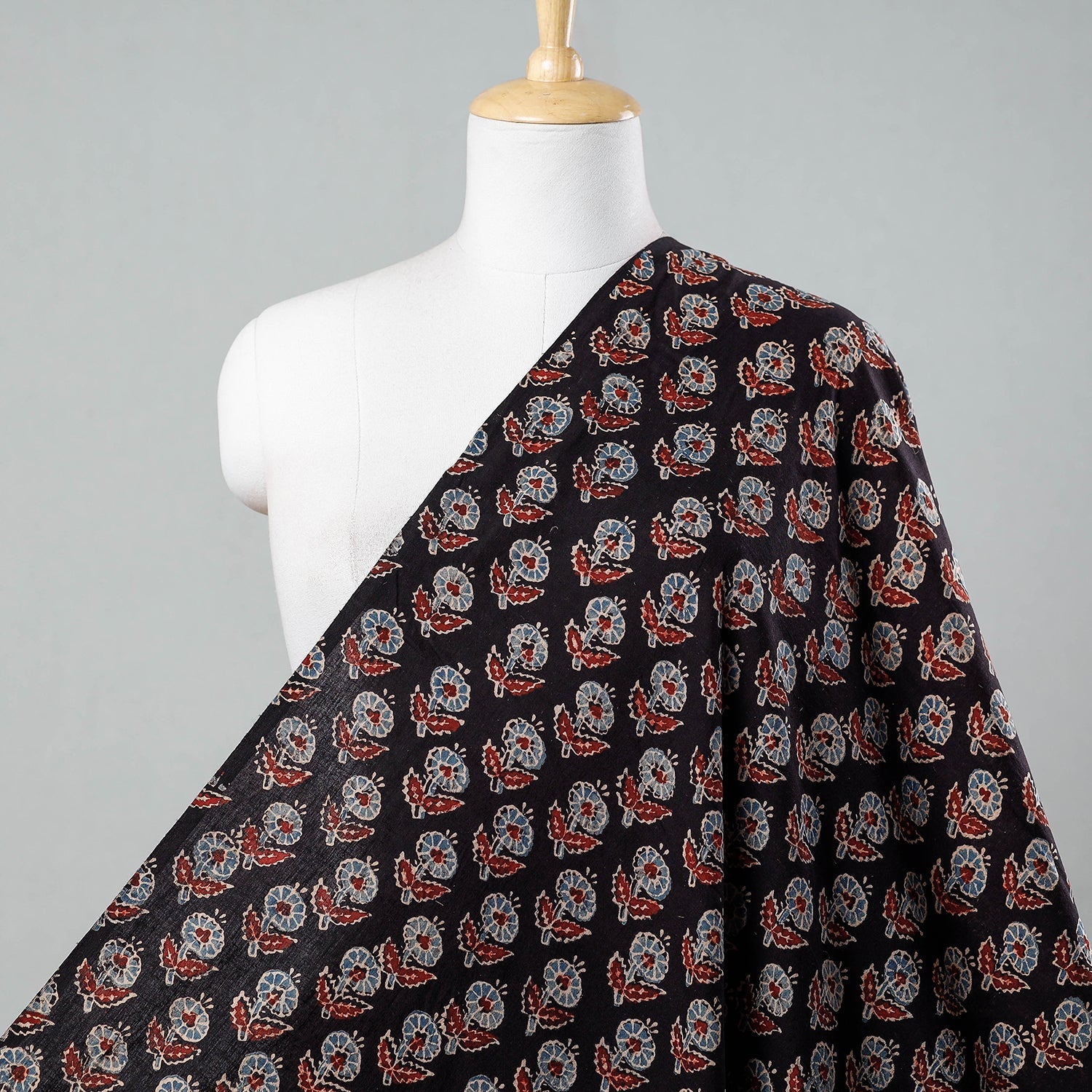 Black - Floral Butta Black Ajrakh Hand Block Printed Cotton Fabric
