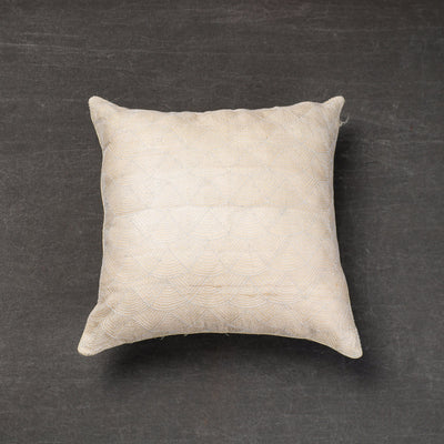 Beige - Bengal Kantha Embroidery Tussar Silk Cushion Cover (16 x 16 in)