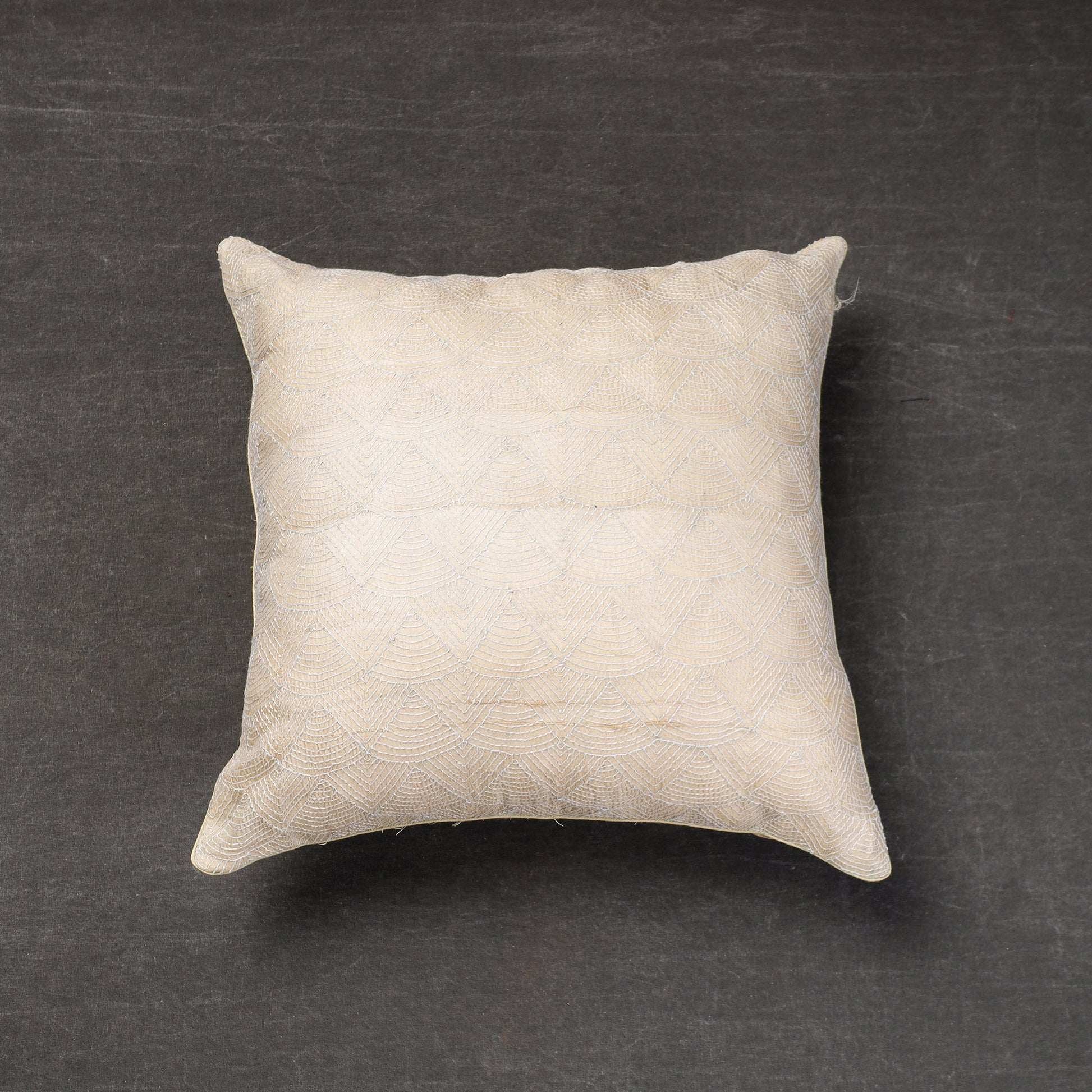 Beige - Bengal Kantha Embroidery Tussar Silk Cushion Cover (16 x 16 in)