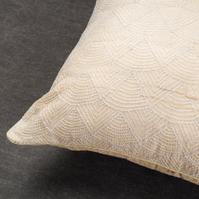 Beige - Bengal Kantha Embroidery Tussar Silk Cushion Cover (16 x 16 in)